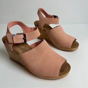 TOMS Tropez Coral Pink Leather Wedge Sandals Shoes Women's 8.5 Cork